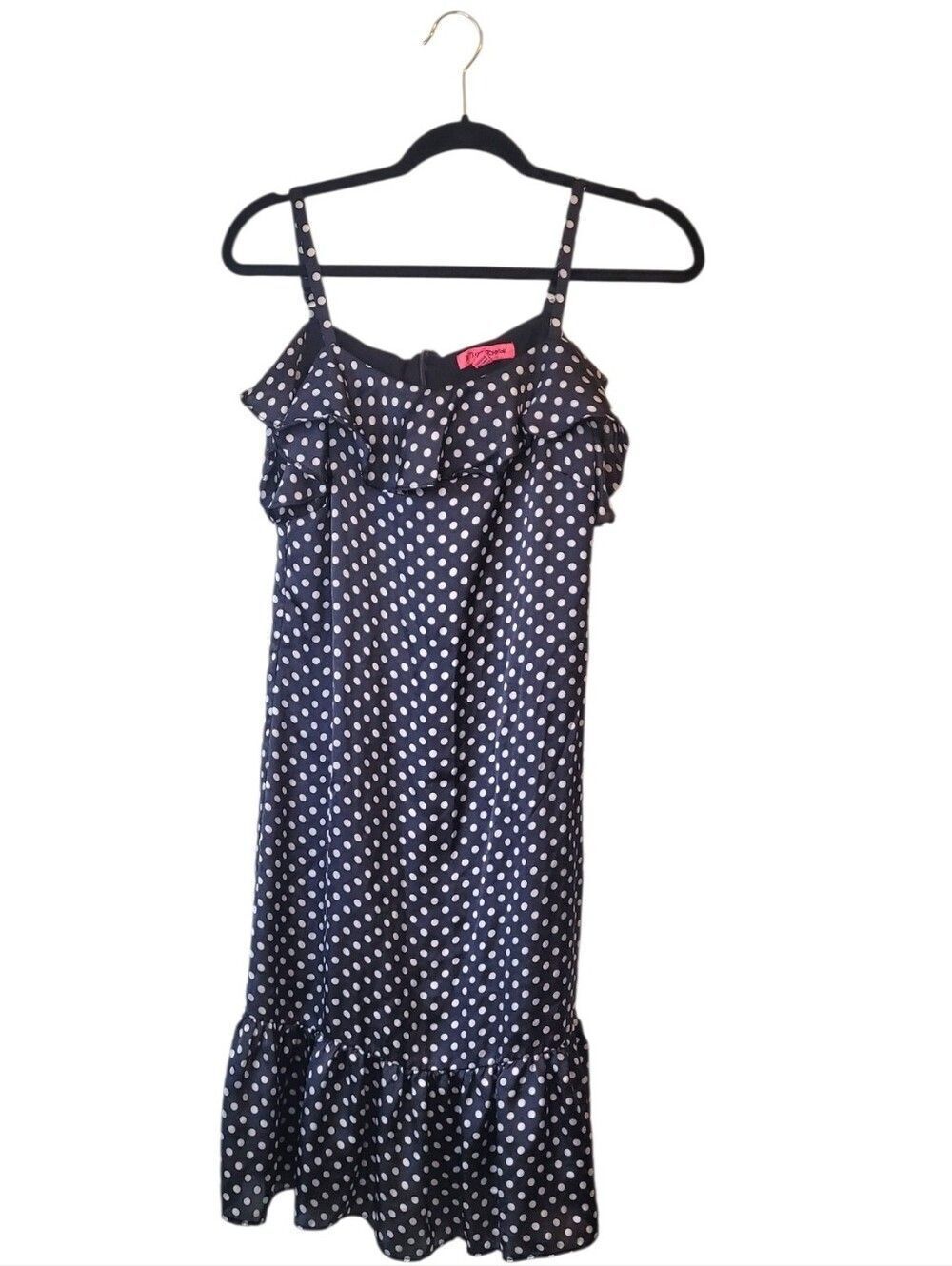 Betsey Johnson Black Polka Dot Ruffle Satin Slip Dress Women's Size 4